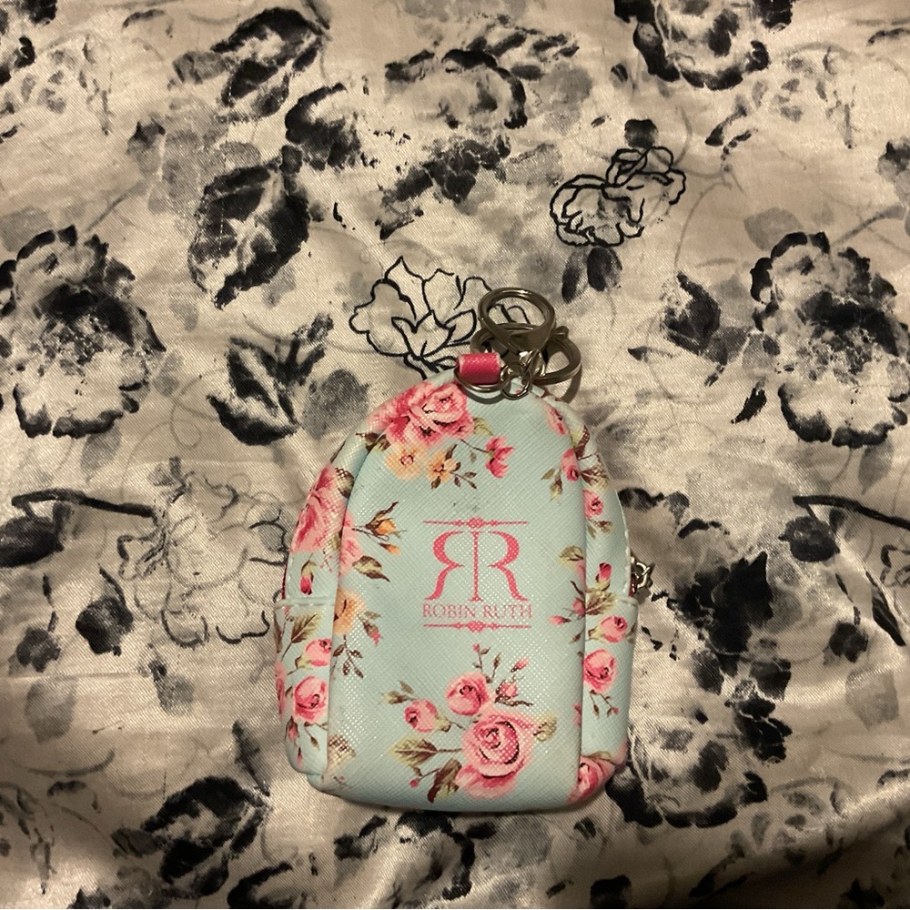 Robin Ruth Mint Floral Mini Backpack Keychain with Pink Roses